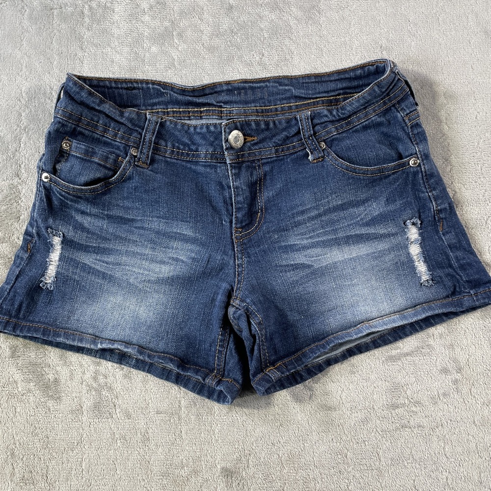 CP Jeans Shorts Womens 9 Blue Distressed Denim Medium Wash‎ Stretch Whiskers